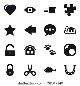 16 vector icon set : heart, eye, delivery, puzzle, star, left arrow, ballon, project, unlock, house, pets, scissors, horseshoe