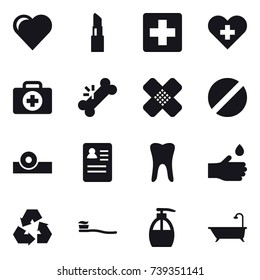 16 vector icon set : heart, lipstick, hand drop, recycling, tooth brush, liquid soap, bath