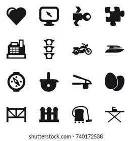 16 vector icon set : heart, monitor arrow, satellite, puzzle, cashbox, motorcycle, yacht, compass, garlic clasp, farm fence, grain elevator, vacuum cleaner, iron board