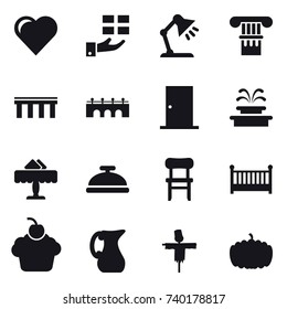 16 vector icon set : heart, gift, table lamp, column, bridge, door, fountain, restaurant, service bell, chair, crib, jug, scarecrow, pumpkin