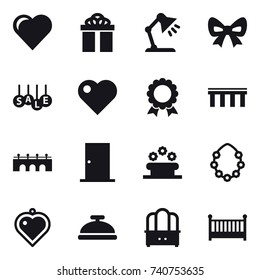 16 vector icon set : heart, gift, table lamp, bow, sale, medal, bridge, door, flower bed, hawaiian wreath, heart pendant, service bell, dresser, crib