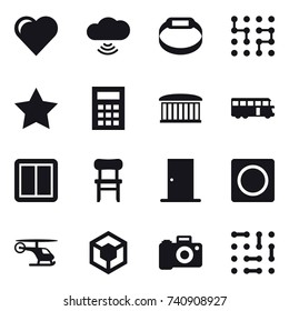 16 vector icon set : heart, cloud wireless, smart bracelet, chip, star, calculator, airport building, bus, power switch, chair, door, ring button