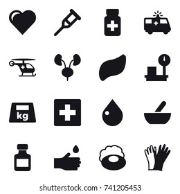 16 vector icon set : heart, first aid, drop, mortar, pills bottle, hand drop, soap, gloves