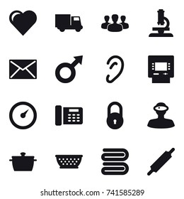 16 vector icon set : heart, truck, group, microscope, mail, atm, barometer, pan, kolander, towel, rolling pin