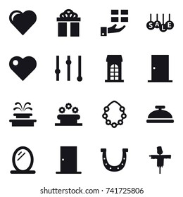16 vector icon set : heart, gift, sale, equalizer, building, door, fountain, flower bed, hawaiian wreath, service bell, mirror, horseshoe, scarecrow