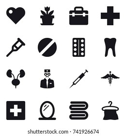 16 vector icon set : heart, flower, first aid, mirror, towel, hanger
