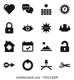 16 vector icon set : heart, discussion, sun power, lock, building helmet, smart house, landscape, unlocked, scissors