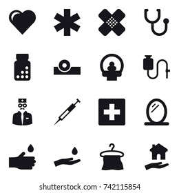 16 vector icon set : heart, first aid, mirror, hand drop, hand and drop, hanger, housing