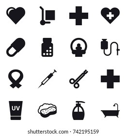 16 vector icon set : heart, cargo stoller, uv cream, sponge with foam, liquid soap, bath