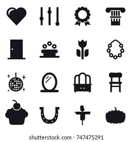 16 vector icon set : heart, equalizer, medal, column, door, flower bed, hawaiian wreath, disco ball, mirror, dresser, chair, horseshoe, scarecrow, pumpkin