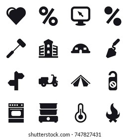 16 vector icon set : heart, percent, monitor arrow, building, dome house, construction, tent, do not distrub, fire
