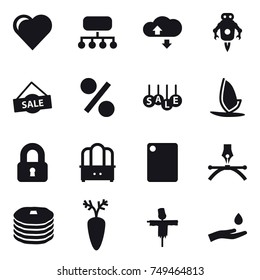16 vector icon set : heart, structure, cloude service, jet robot, sale, percent, windsurfing, locked, dresser, cutting board, scarecrow, hand and drop
