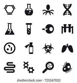 16 vector icon set : hex molecule, round flask, virus, dna, flask, vial, viruses, microb