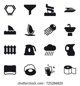 16 vector icon set : hex molecule, funnel, aquapark, yacht, shark flipper, windsurfing, jellyfish, radiator, kettle, rain cloud, jug, sponge, soap, wiping, toilet paper