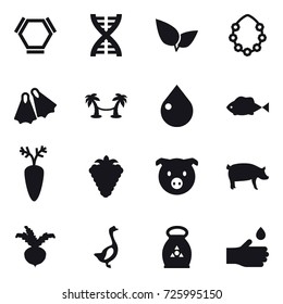 16 vector icon set : hex molecule, dna, hawaiian wreath, flippers, palm hammock, drop, berry, pig, beet, goose, fertilizer, hand drop