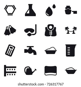 16 vector icon set : hex molecule, flippers, diving mask, life vest, palm hammock, inflatable mattress, water tap, washing, measuring cup, watering, watering can, sponge, foam basin