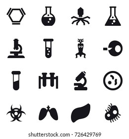 16 vector icon set : hex molecule, round flask, virus, flask, microscope, vial, dna modify, microb