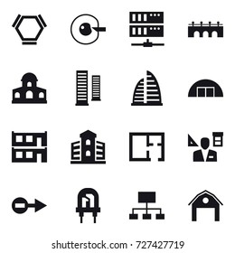 16 vector icon set : hex molecule, cell corection, server, bridge, mansion, skyscrapers, skyscraper, hangare, modular house, building, plan, architector, hierarchy, barn