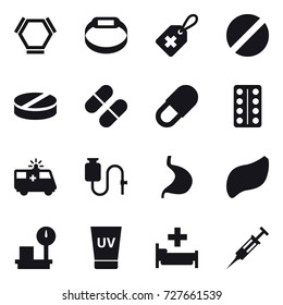 16 vector icon set : hex molecule, smart bracelet, uv cream, hospital, syringe