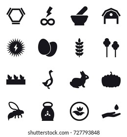 16 vector icon set : hex molecule, infinity power, barn, trees, seedling, goose, rabbit, pumpkin, wasp, fertilizer, ecology, hand and drop