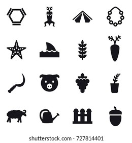 16 vector icon set : hex molecule, dna modify, tent, hawaiian wreath, starfish, shark flipper, sickle, pig, grape, seedling, sheep, watering can, grain elevator, acorn