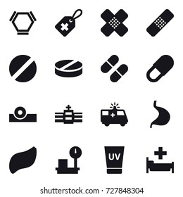 16 vector icon set : hex molecule, uv cream, hospital
