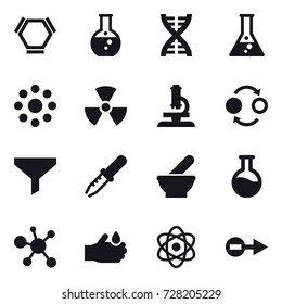 16 vector icon set : hex molecule, round flask, dna, flask, round around, nuclear, microscope, quantum bond, funnel