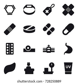 16 vector icon set : hex molecule, smart bracelet, uv cream
