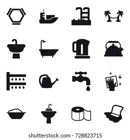 16 vector icon set : hex molecule, pool, palm hammock, bath, kettle, watering, watering can, water tap, wiping, foam basin, water tap sink, toilet paper, floor washing