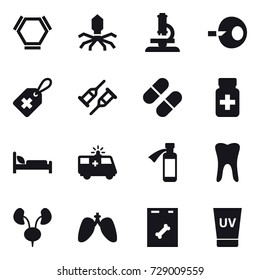 16 vector icon set : hex molecule, virus, microscope, uv cream