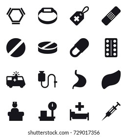 16 vector icon set : hex molecule, smart bracelet, hospital, syringe