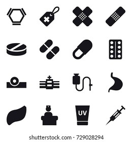 16 vector icon set : hex molecule, uv cream, syringe