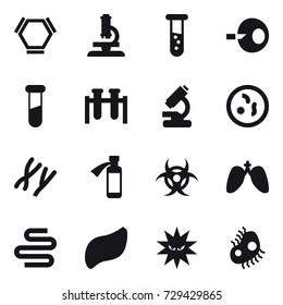 16 vector icon set : hex molecule, microscope, vial, microb
