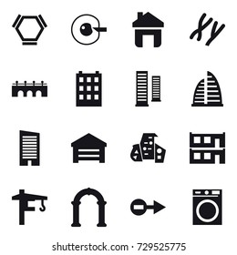 16 vector icon set : hex molecule, cell corection, home, bridge, building, skyscrapers, skyscraper, garage, modern architecture, modular house, tower crane, arch, washing machine