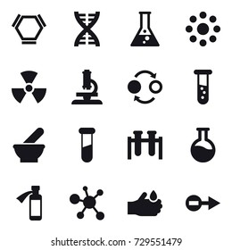 16 vector icon set : hex molecule, dna, flask, round around, nuclear, microscope, quantum bond, vial