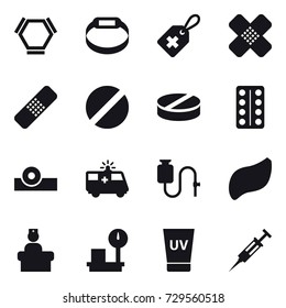 16 vector icon set : hex molecule, smart bracelet, uv cream, syringe