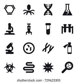 16 vector icon set : hex molecule, virus, dna, flask, microscope, dna modify, viruses