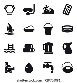 16 vector icon set : hex molecule, diving mask, surfer, inflatable mattress, windsurfing, washing, bucket, inflatable pool, pool, kettle, jug, water pump, drop, water tap, soap