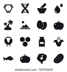 16 vector icon set : hex molecule, dna, island, landscape, sheep, honeycombs, flour, corn, fish, tomato, garden, potato