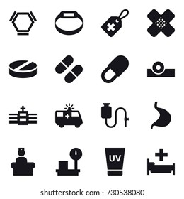 16 vector icon set : hex molecule, smart bracelet, uv cream, hospital