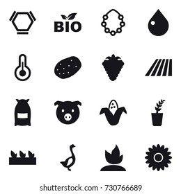 16 vector icon set : hex molecule, bio, hawaiian wreath, drop, berry, field, flour, pig, corn, seedling, goose, sprouting, flower