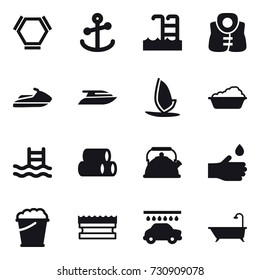 16 vector icon set : hex molecule, pool, life vest, jet ski, yacht, windsurfing, washing, kettle, hand drop, foam bucket, sponge, car wash, bath