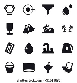 16 vector icon set : hex molecule, cell corection, funnel, flippers, surfer, palm hammock, inflatable mattress, drop, water tap, kettle, bucket, sponge, water tap sink, floor washing