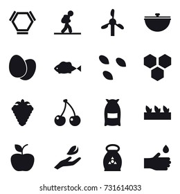 16 vector icon set : hex molecule, tourist, cauldron, seeds, honeycombs, berry, cherry, flour, seedling, apple, hand leaf, fertilizer, hand drop