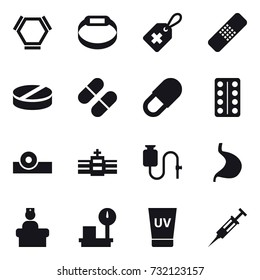 16 vector icon set : hex molecule, smart bracelet, uv cream, syringe