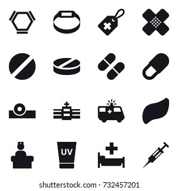 16 vector icon set : hex molecule, smart bracelet, uv cream, hospital, syringe