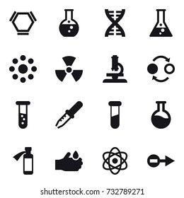 16 vector icon set : hex molecule, round flask, dna, flask, round around, nuclear, microscope, quantum bond, vial