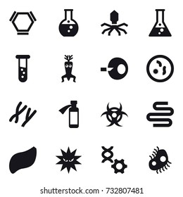 16 vector icon set : hex molecule, round flask, virus, flask, vial, dna modify, microb
