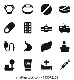 16 vector icon set : hex molecule, smart bracelet, uv cream, hospital, syringe