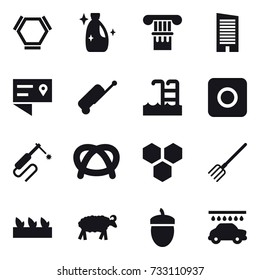 16 vector icon set : hex molecule, cleanser, column, skyscraper, suitcase, pool, ring button, honeycombs, fork, seedling, sheep, acorn, car wash